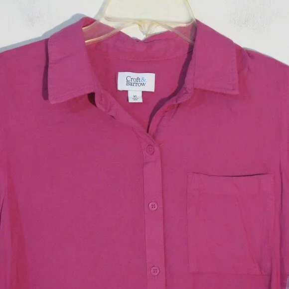 ** Croft & Barrow Button Up XS NWT $19.99 Linen Look Pink Fushia Runs Big - Picture 2 of 3